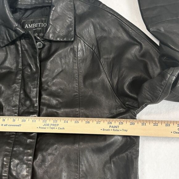 AMBITION NY Genuine Leather Trenchcoat Jacket Black Hidden Buttons - Picture 7 of 12